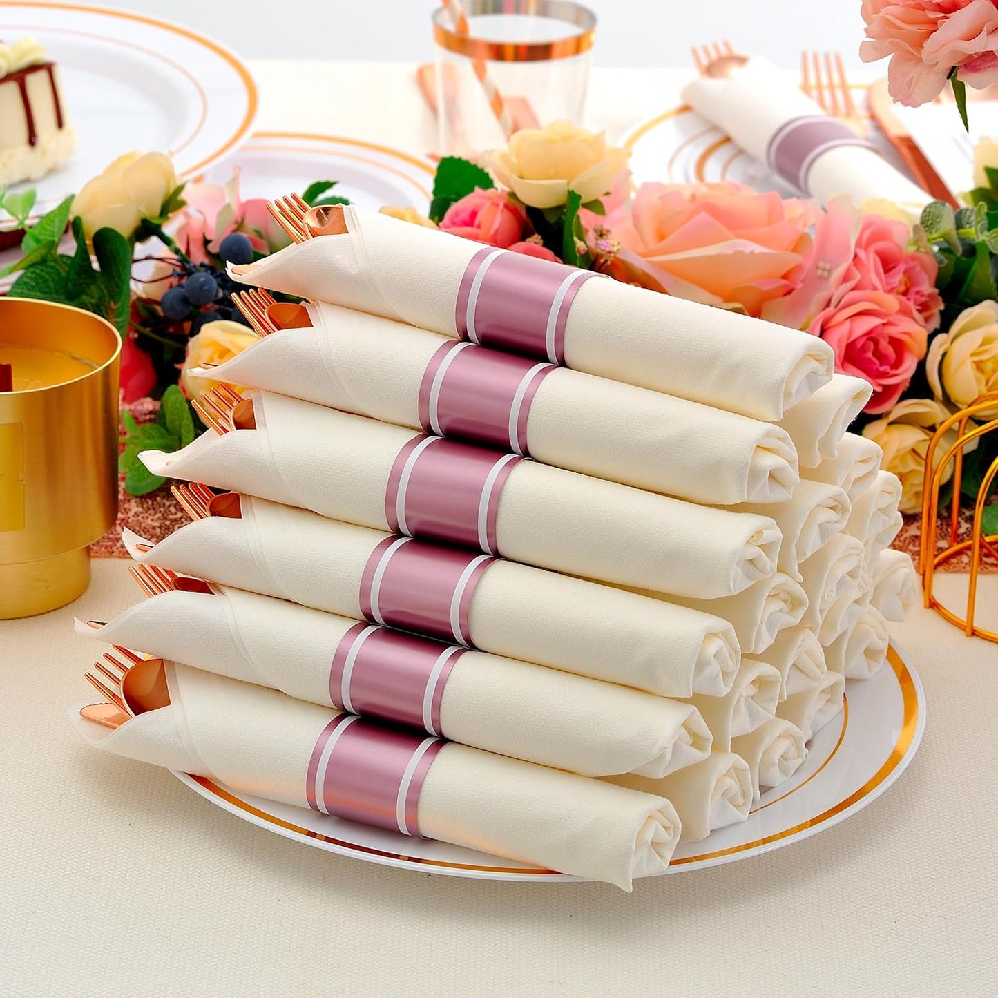 100 Pack Pre Rolled Rose Gold Plastic Silverware Set with Napkins,Disposable Wrapped Heavy Duty Cutlery Set for Wedding Birthday Party-100 Forks,Knives,Spoons,Utensils Set,Plasticware Bulk