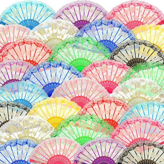 Geetery 30 Pcs Folding Hand Fan for Line Dancing Spanish Boots on the Ground Fans Gifts Bulk Colorful Silk Popping Rave for Women Tea Party Wedding Church Halloween Costume(Lace,Mixed Colors)