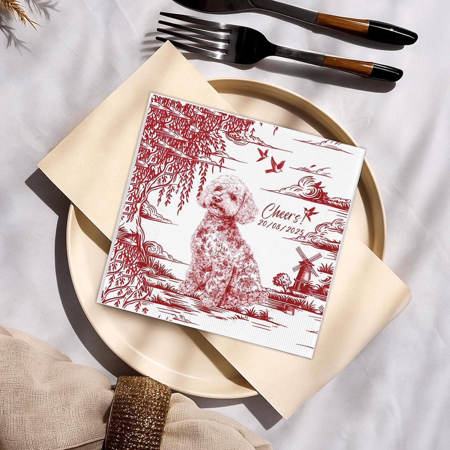 Luxury Personalized Dog Wedding Napkins, Custom Wedding Cocktail Napkins, Blue Floral Cocktail Napkin, Personalized Paper Napkin for Birthday, Engagement Party, Bridal Shower