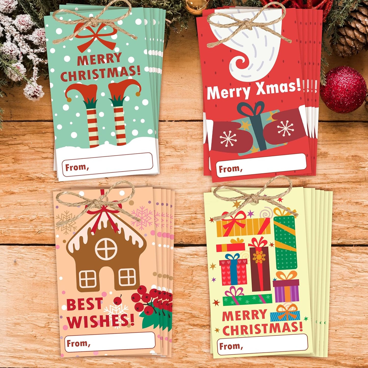40 Pcs Christmas Gift Tags, 2.1"×3.5" Merry Xmas Paper Tags with String, Hanging Christmas Presents Label Wrapping for Party FavorDecorations, 4 Styles - A04