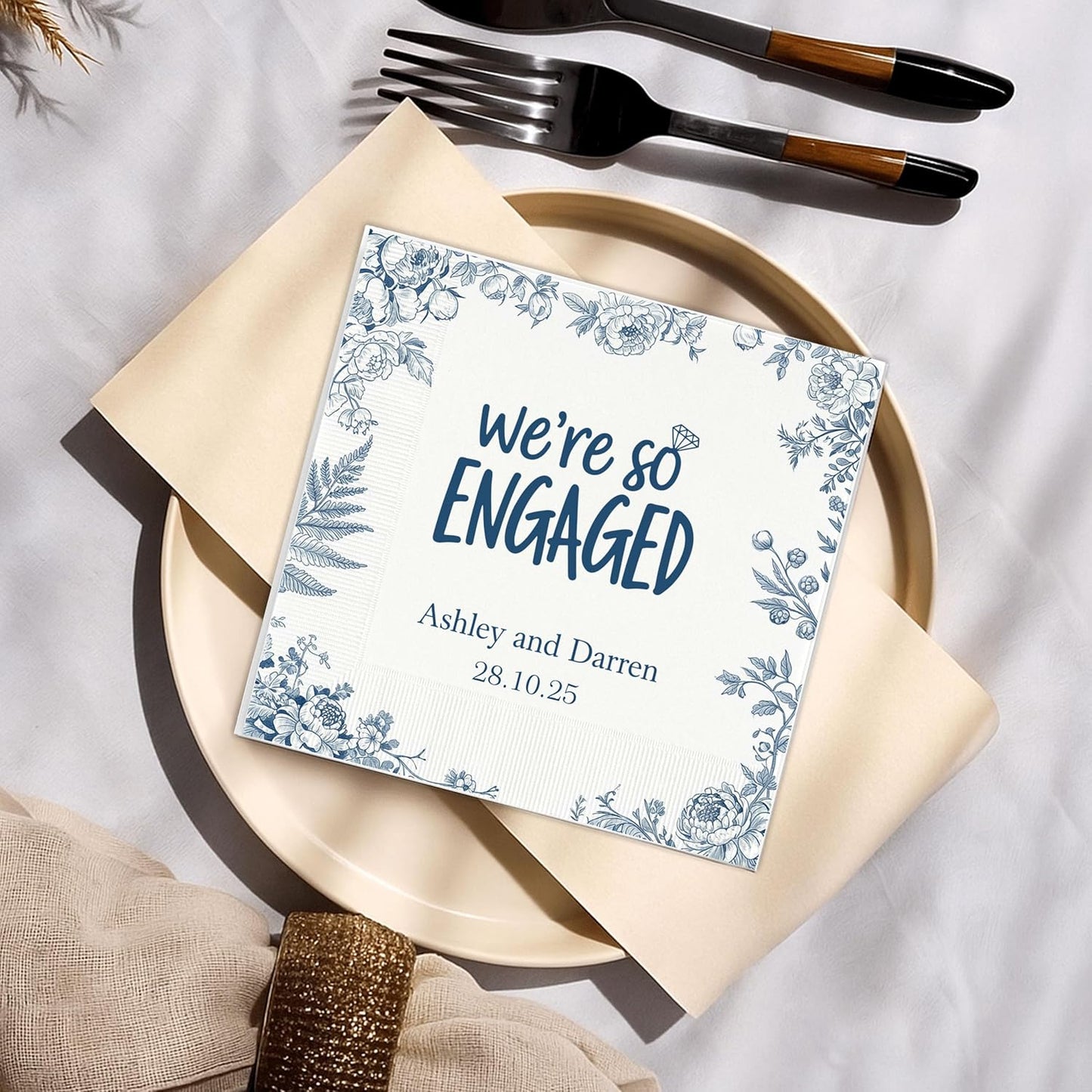 Luxury Personalized Engagement Napkins, We're Engaged, Custom Cocktail Napkins, Beverage Luncheon Cocktail Bar Napkin For Reception, Napkin Decor for Engagement Party, Bridal Shower