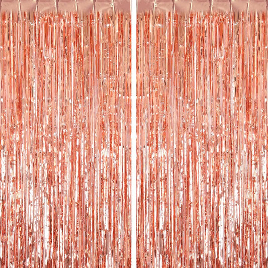 2 Pack Rose Gold Fringe Curtains Foil Shiny Fringe Backdrop Tinsel Door Streamers Foil Curtains for Birthday Wedding Engagement Bridal Shower Celebration Party Decorations Large