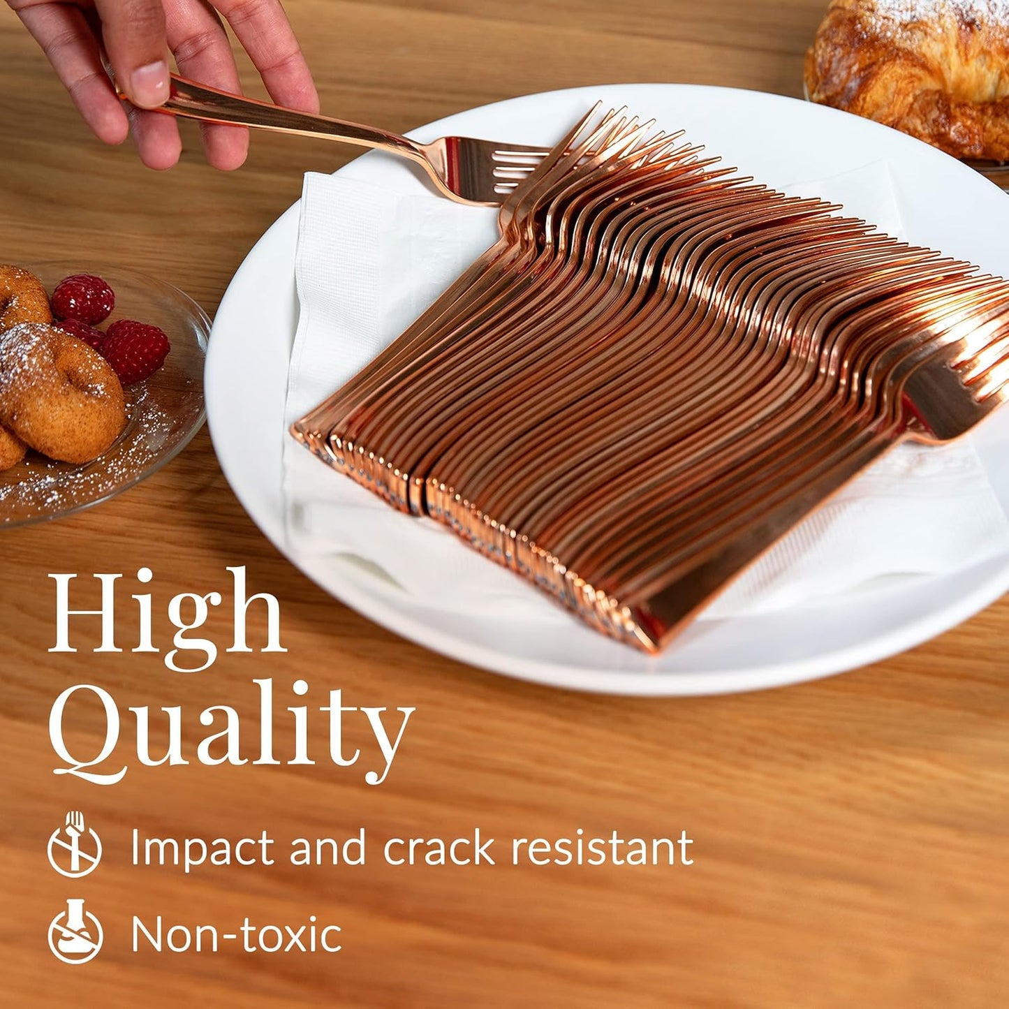 Prestee Set of 100 Rose Gold Plastic Forks Disposable - 7-in Heavy-Duty Fork Flatware - Bulk Pack Fancy Silverware - Sturdy Pink Cutlery for Weddings, Birthday Parties, Buffets, Catering and Events