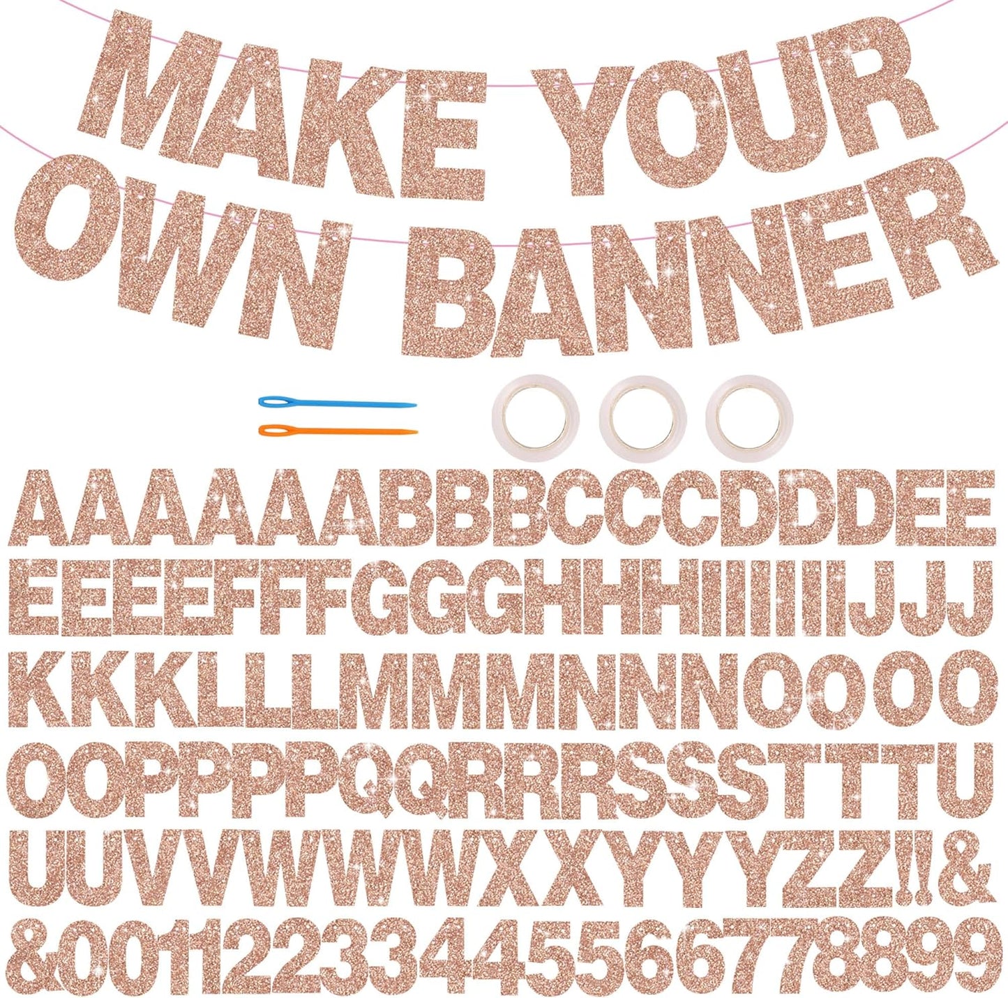 BEISHIDA 116 PCS A-Z Glitter Rose Gold DIY Letter Banner Kit Make Your Own Banner，Including 111 Letters and Numbers 3 Rope and 2 Threading Device,Customized for Birthday Graduation Wedding Party Decor