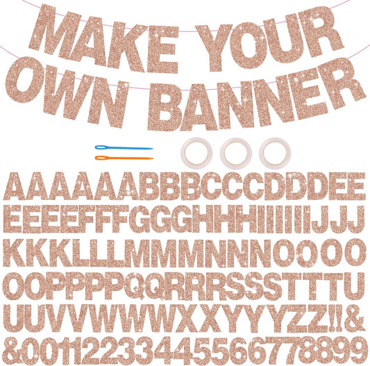 BEISHIDA 116 PCS A-Z Glitter Rose Gold DIY Letter Banner Kit Make Your Own Banner，Including 111 Letters and Numbers 3 Rope and 2 Threading Device,Customized for Birthday Graduation Wedding Party Decor