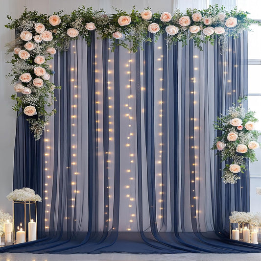 10×10ft Navy Blue Tulle Backdrop Curtain with Lights String for Parties, Sheer Photo Backdrop Curtains for Wedding Party Photography Background