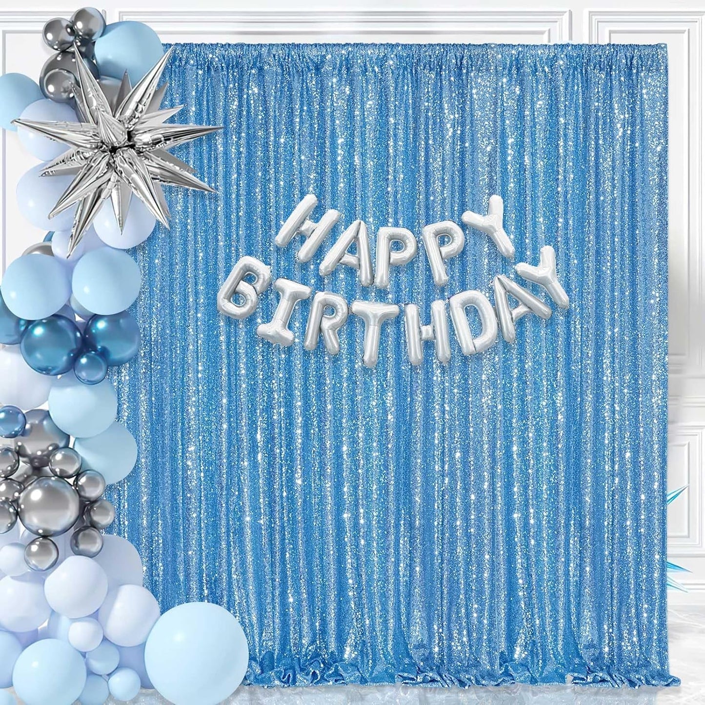 Baby Blue Sequin Backdrop Curtain 7ft x 7ft Glitter Photo Background for Wedding Baby Shower Party Stage Decorations