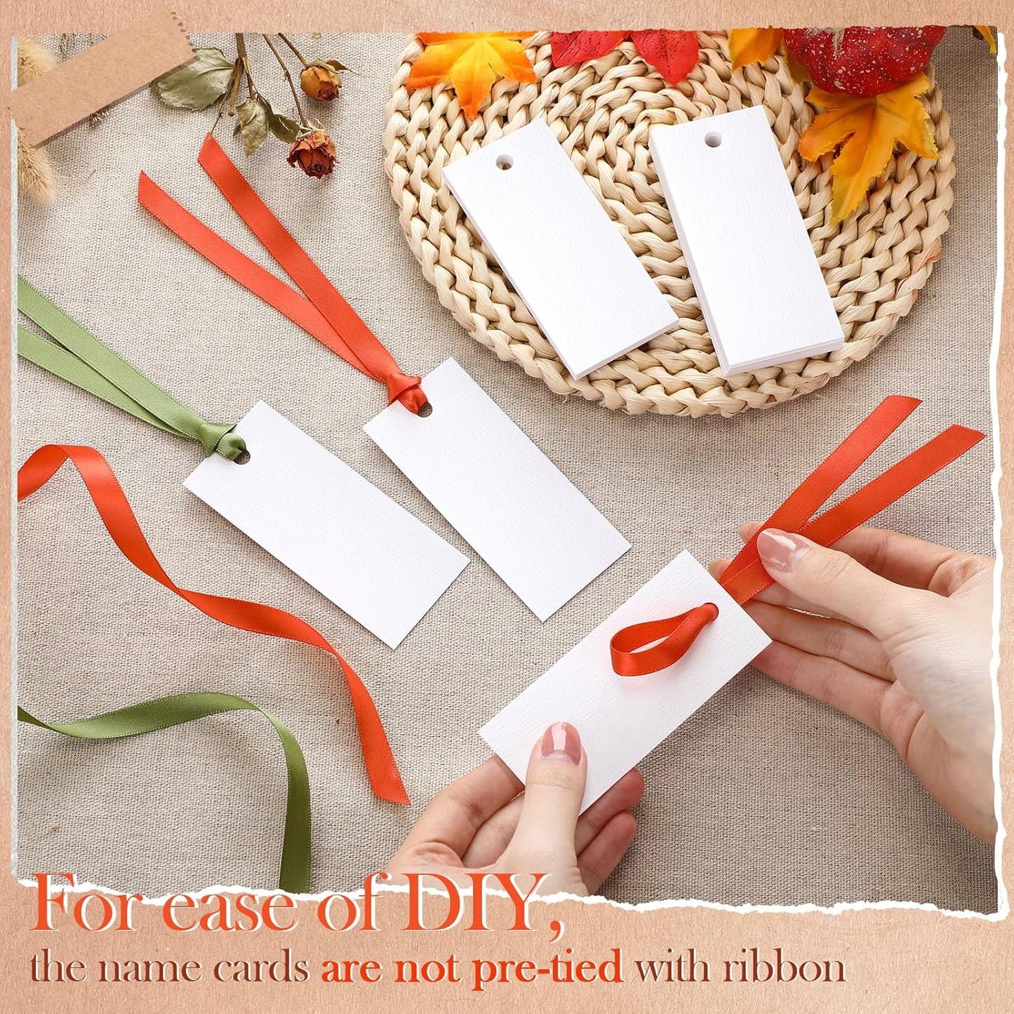 50 Pcs Name Place Cards for Table Setting Blank Wedding Place Cards with Satin Ribbon 1.57 x 3.54 Inch Hanging Gift Tags for Wedding Dinner Banquet Party Table Setting Supplies(Autumn Color)