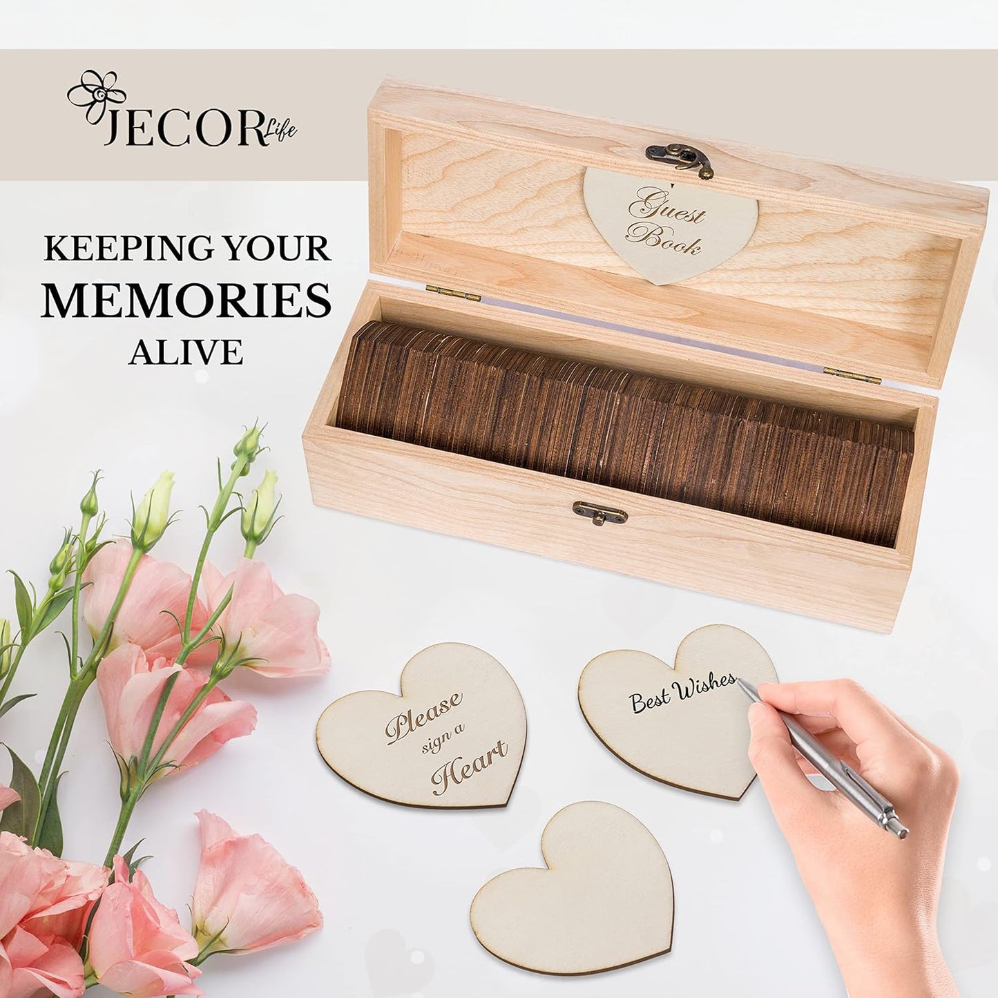 Jecor Wedding Guest Book Alternative - 98 Large Hearts - 2 Hearts Signs - Guest Book Wedding Reception, Baby & Bridal Shower, Anniversary, Birthday, Funeral - Natural