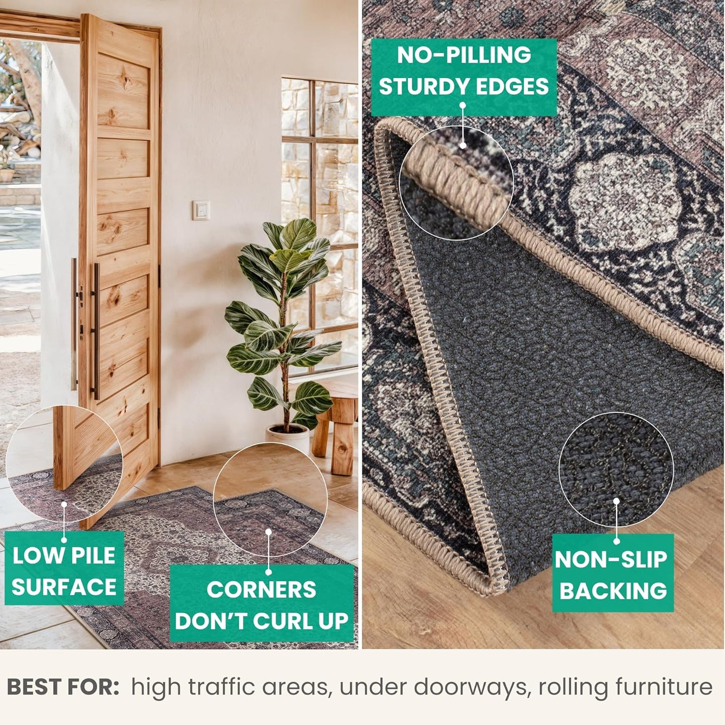 Bloom Rugs Washable Non-Slip 7 ft Runner - Cream/Green Traditional Medallion Runner for Entryway, Hallway, Bathroom, and Kitchen - Exact Size: 2.5' x 7'