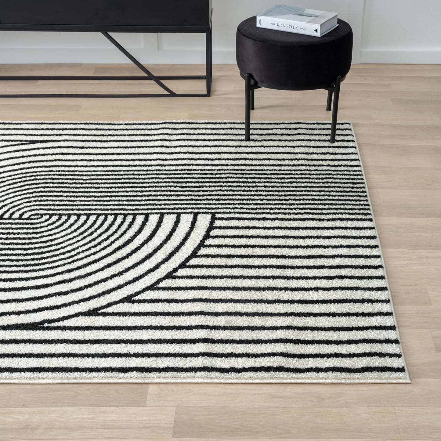 Abani Nuevo Collection Area Rug - Mid-Century Black and White Arch Knot Design - 6' Round - for Living Room, Bedroom & Office