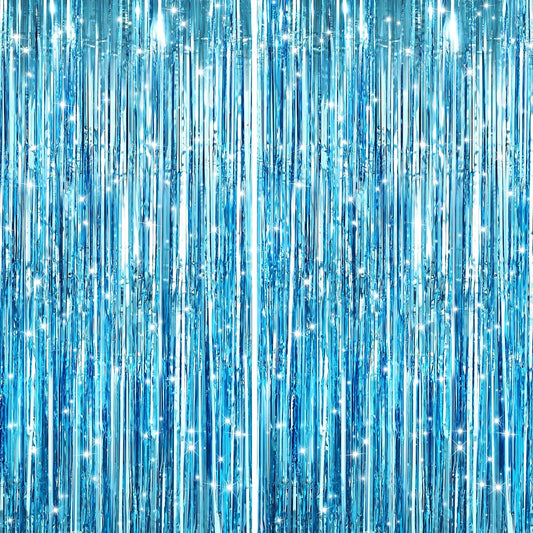 GCB 2Pack Blue Metallic Tinsel Foil Fringe Curtains, Blue Door Streamers Photo Booth Backdrop for Birthday Party, Tinsel Curtain Backdrop for Baby Shower Bachelorette Xmas Party Decorations