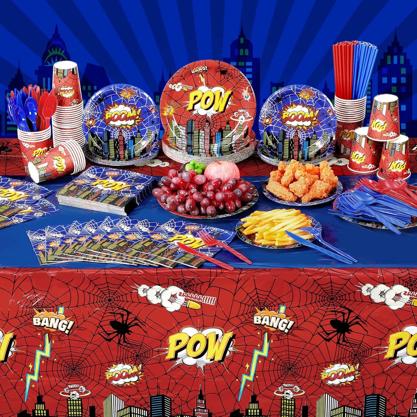 452 Pcs Spider Themed Birthday Party Supplies for 50 Guests, Hero Theme Paper Plates Napkins Cups Tablecloth Cutlery Straws Tableware for Red Blue Halloween Birthday Party Decorations