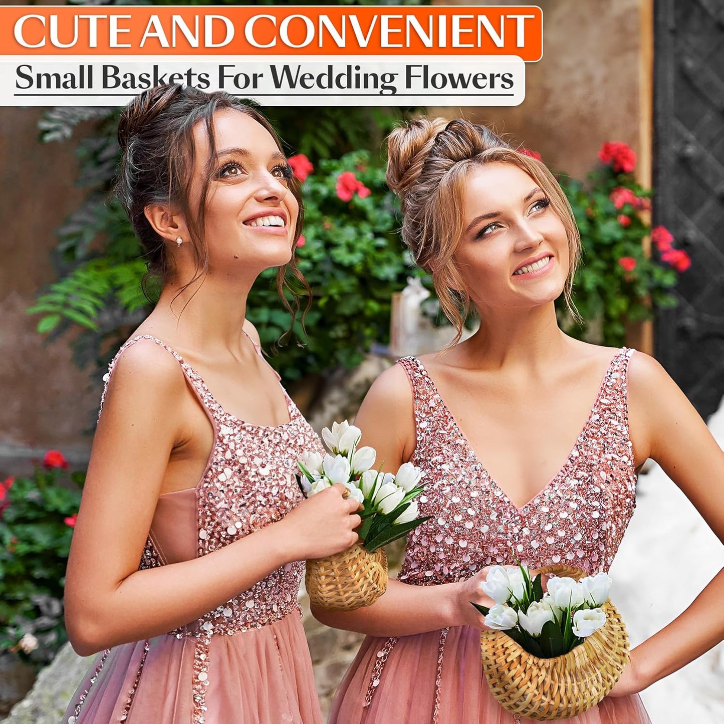 Small Flower Girl Basket Set of 2 – Small Wicker Basket with Handle & Waterproof Lining (6.3" х 5.12" х 3.75") Rustic Style for Wedding Flowers, Sweets & Gifts – Compact, Lightweight & Multifunctional