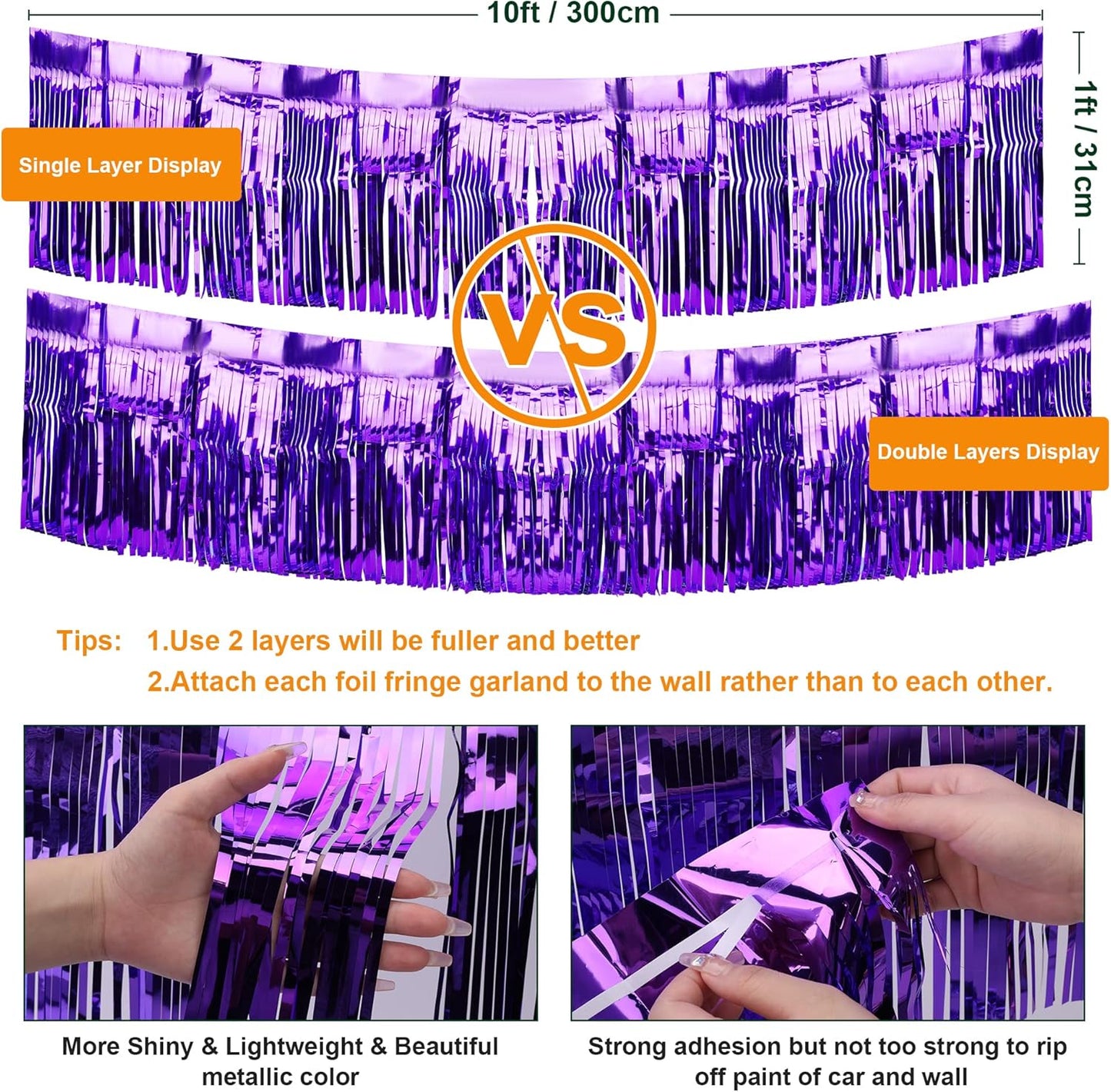 4 Pack Iridescent Fringe Float Curtain, Metallic Foil Fringe Garland Wall Hanging Drapes Tassel Foil Float for Parade Float Trailer, Birthday Holiday Outdoor/Indoor Party Decoration (Purple)