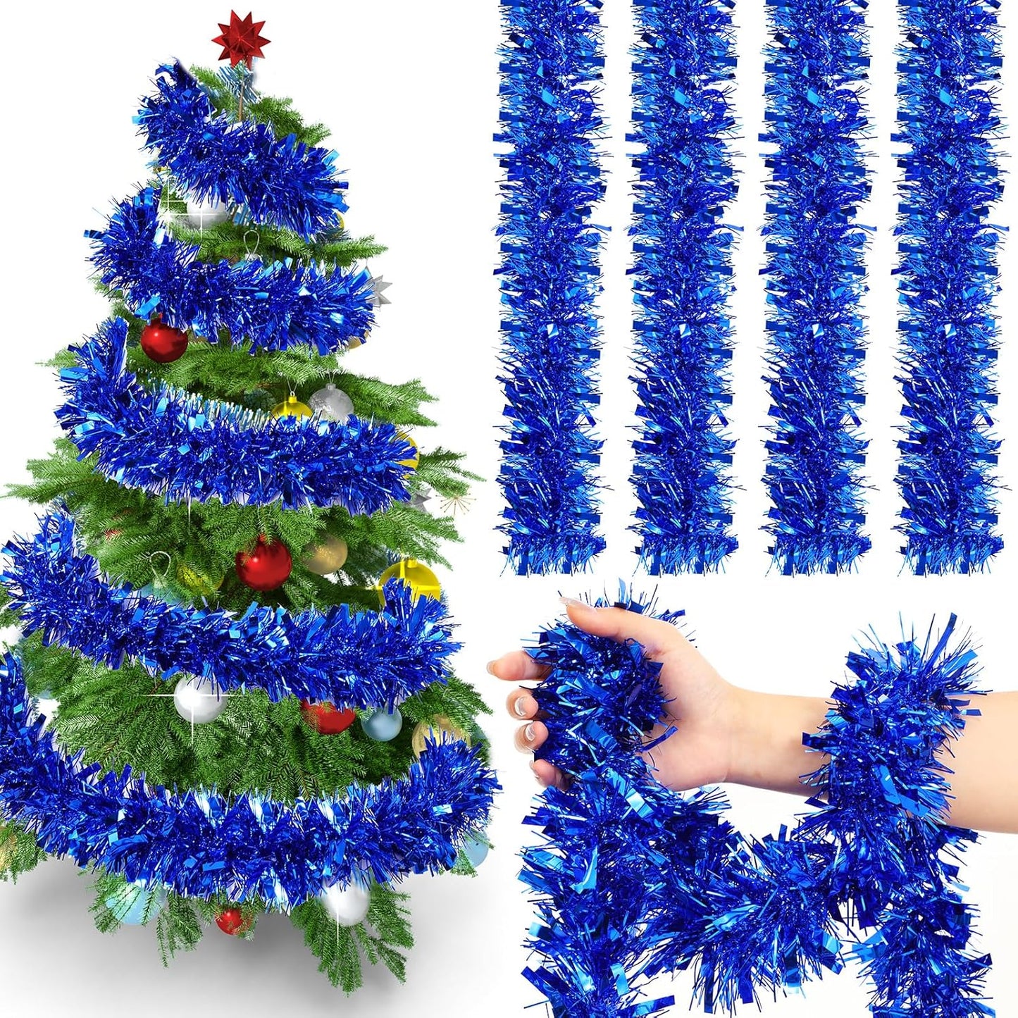 72 Feet Christmas Tinsel Garland Shiny Metallic Tinsel Twist Garland Streamers Ornaments Long Glitter Christmas Tree Hanging Decorations for Party Holiday Wedding Birthday Tree Wall Rail (Blue)