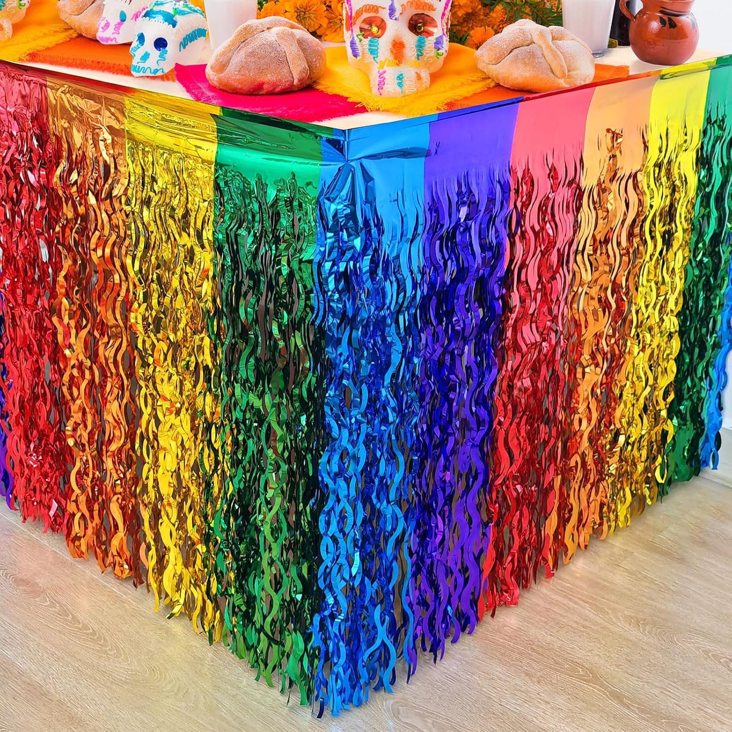 CCINEE 4 Packs Foil Fringe Table Skirt for Rainbow Party Decorations, 36ft Wavy Metallic Tinsel Foil Fringe Desk Skirt for Fiesta Birthday Wedding Pride Party DíA De Muertos Table Decorations