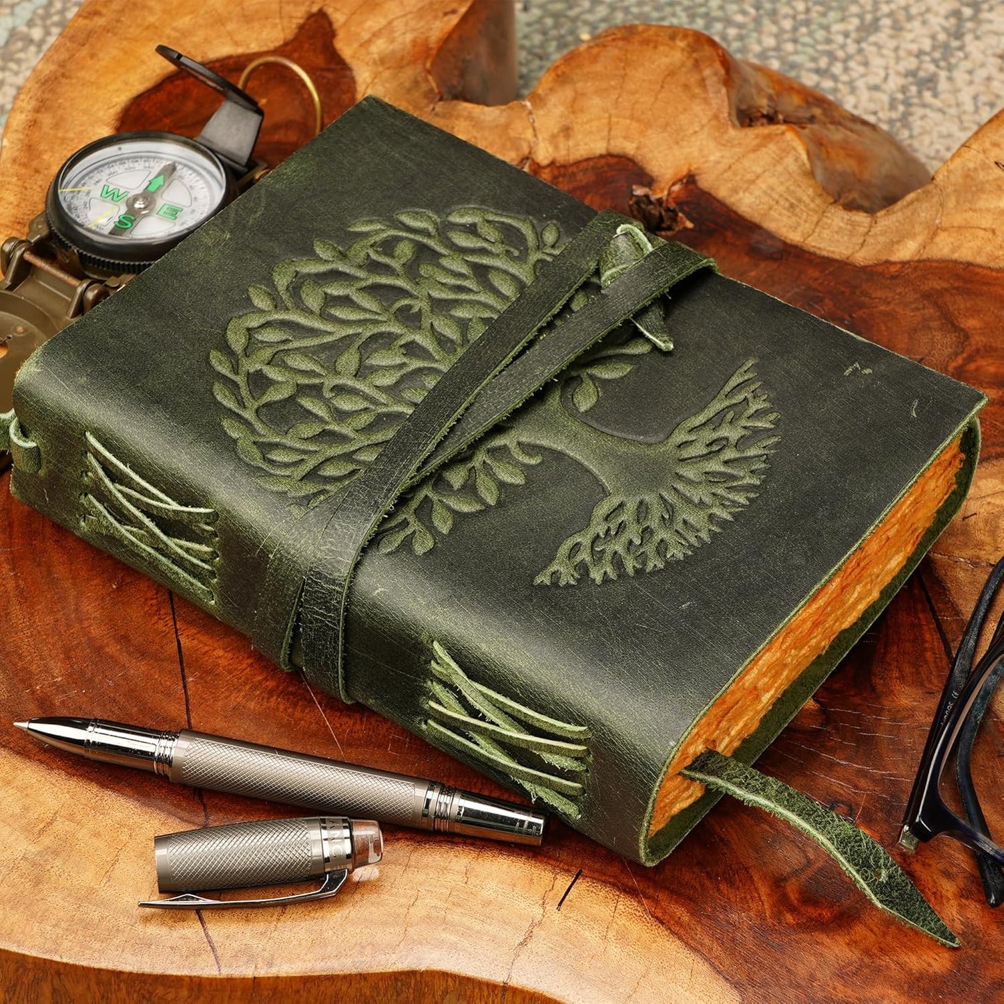 LUXEORIA Tree Of Life Leather Journal for Women and Men, Handcrafted Leather Journal for Writing Womens, Sketchbook, Travel Diary with Unlined Deckle Paper, Dark Green 6x8