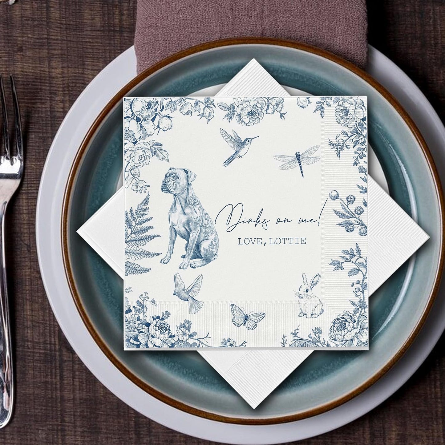 Luxury Personalized Dog Wedding Napkins, Custom Wedding Cocktail Napkins, Blue Floral Cocktail Napkin, Napkin for Pet Lovers, Anniversary, Bridal, Engagement Party, Bridal Shower