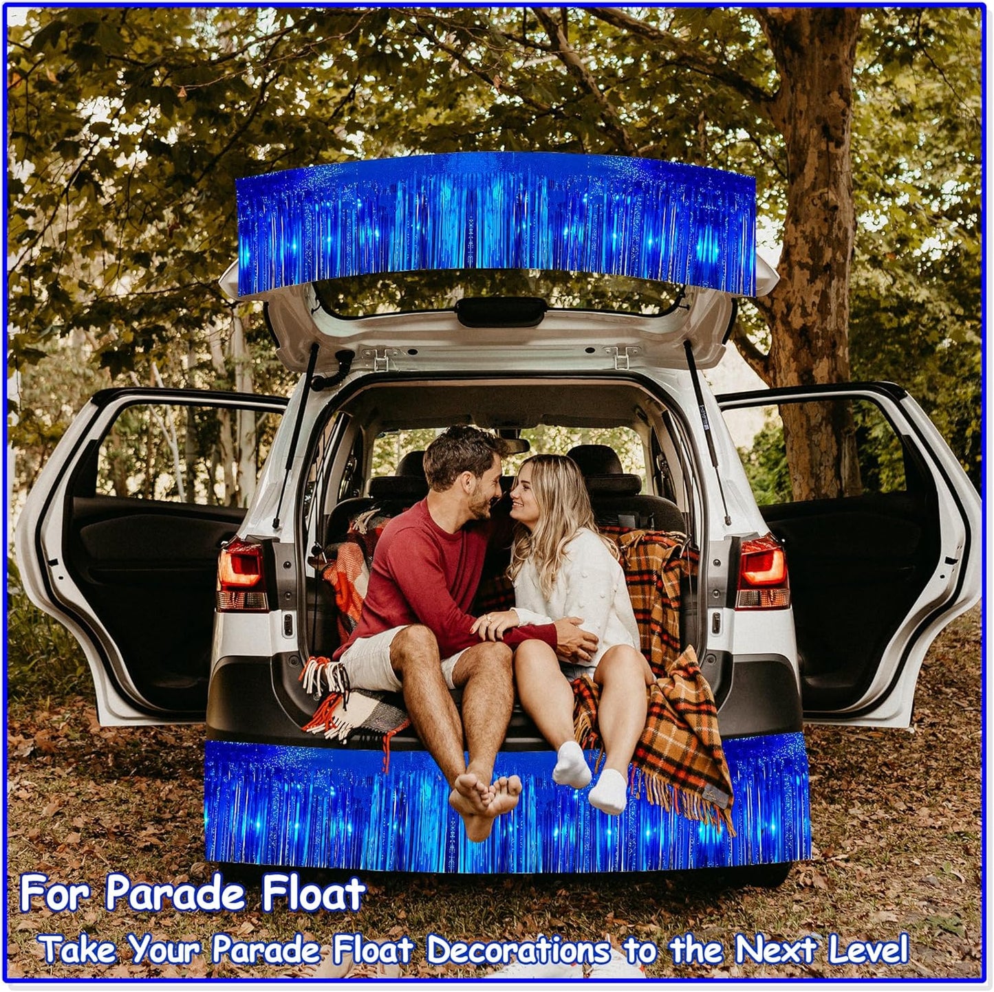 4 Pack 10 Feet Glitter Royal Blue Parade Float Decorations for Trailer Car, Glitter Foil Fringe Metallic Tinsel Streamers Banner Garland for Graduation Weeding Homecoming Birthday Party(Glitter-Blue)