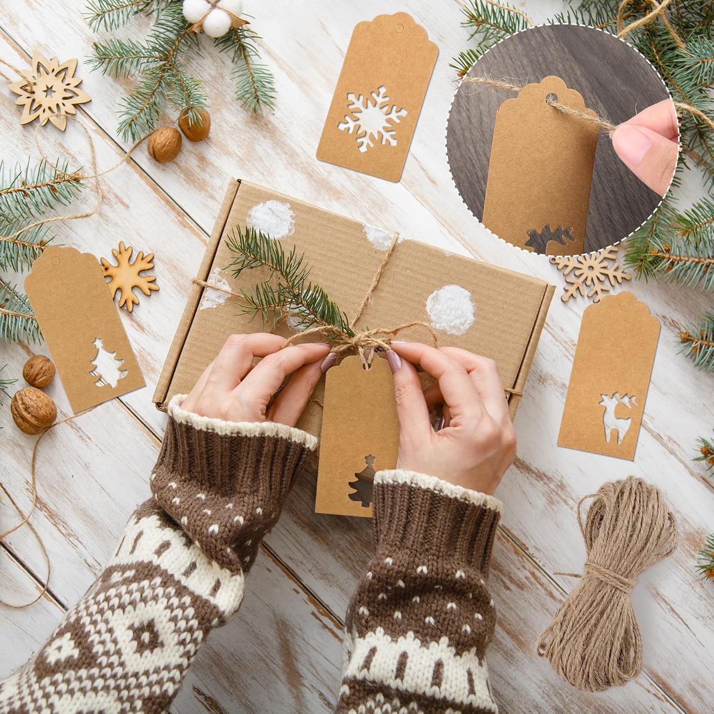 Aneco 150 Pieces Christmas Paper Gift Tags Brown Kraft Tags Hang Labels Christmas Tree Snowflake Reindeer Design with 30 Meters Jute Twine for Christmas DIY Wrapping Favor Holiday Present