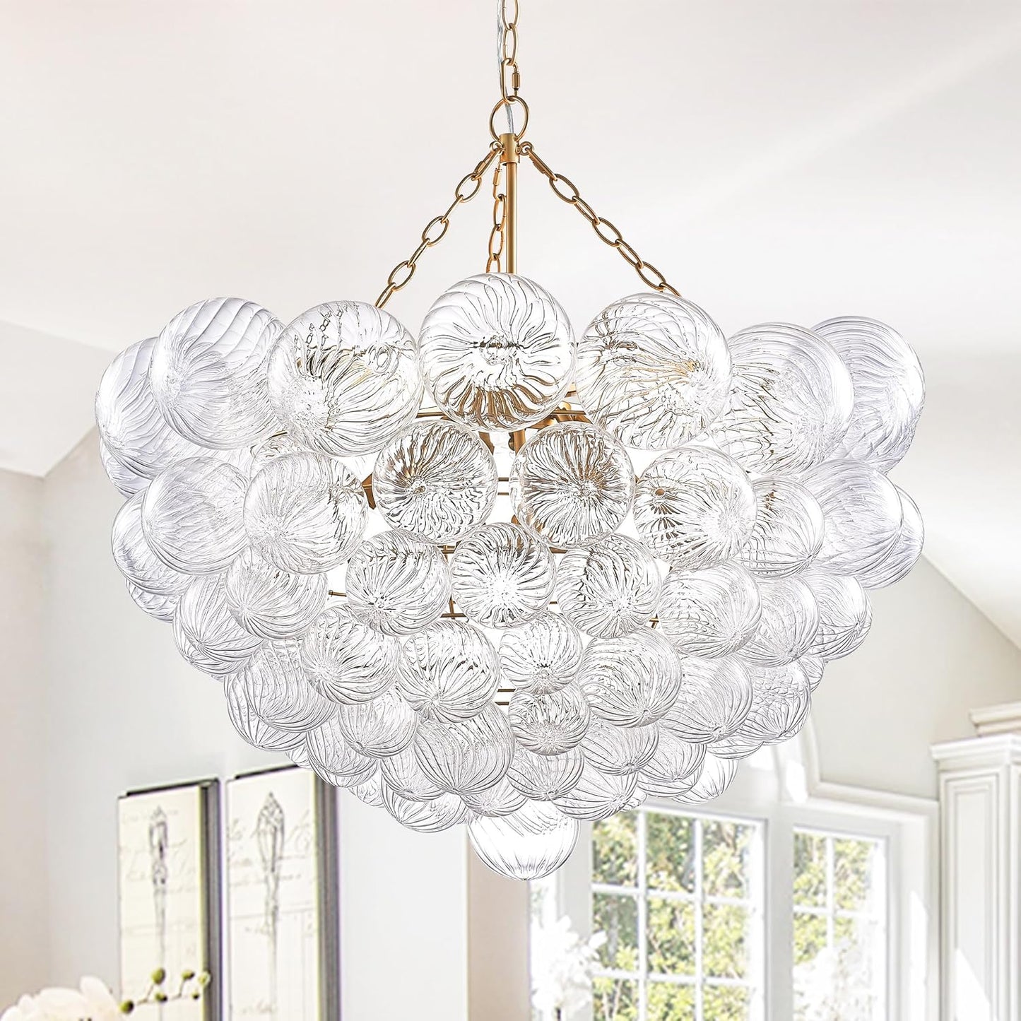 Nordic Bubble Ball Swirled Glass Chandelier, Diam 31" Gild Gold and Clear Modern Hand Blown Glass Pendant Light Fixture for Dining Room, Bedroom, Study, Restaurant, Hallway