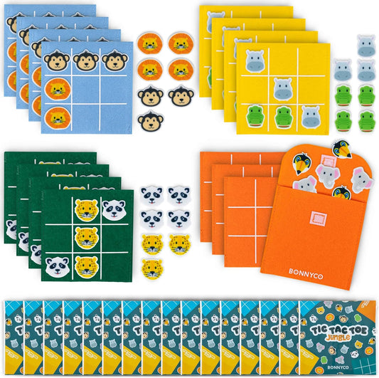 BONNYCO Tic Tac Toe Game Pack 16 Jungle Animals Kids Party Favors Safari Goodie Bags Stuffers for Kids 3-5 4-8, Goody Bag Stuffers Pinata | Return Gifts for Birthday Party, Mini Games Bulk Travel