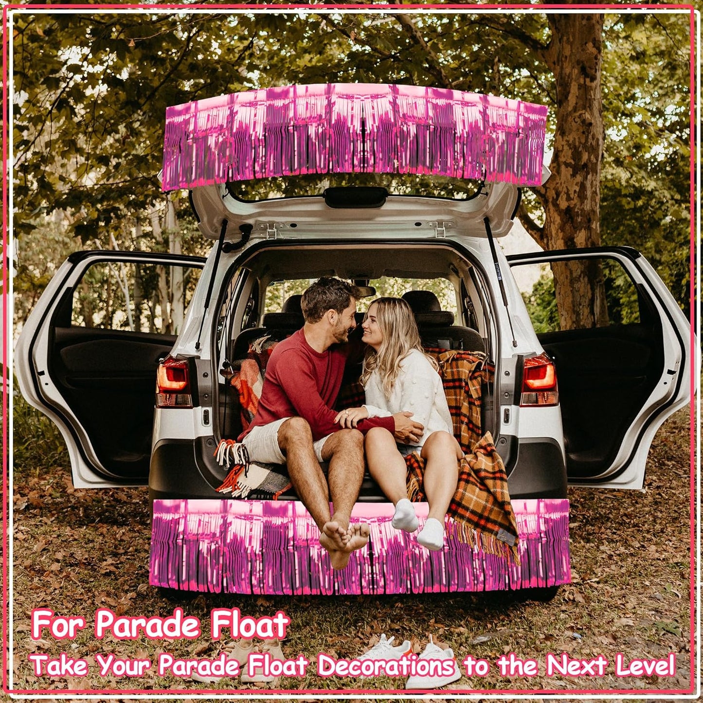 4 Pack Float Fringe Curtains, Metallic Foil Fringe Garland Shiny Tassel Foil Float Parade Float Decorations for Trailer Car Graduation Homecoming Valentine Outdoor Indoor Party (Pink)