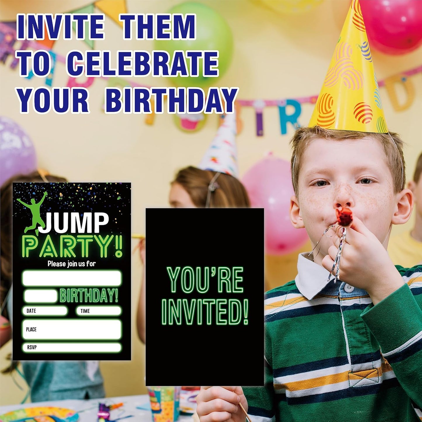 Glow Trampoline Birthday Invitations, Jump Party Invite Cards（20 Count) With Envelopes, Fill In Style Invite Cards For Boys & Girls, Birthday Party Supplies-C01