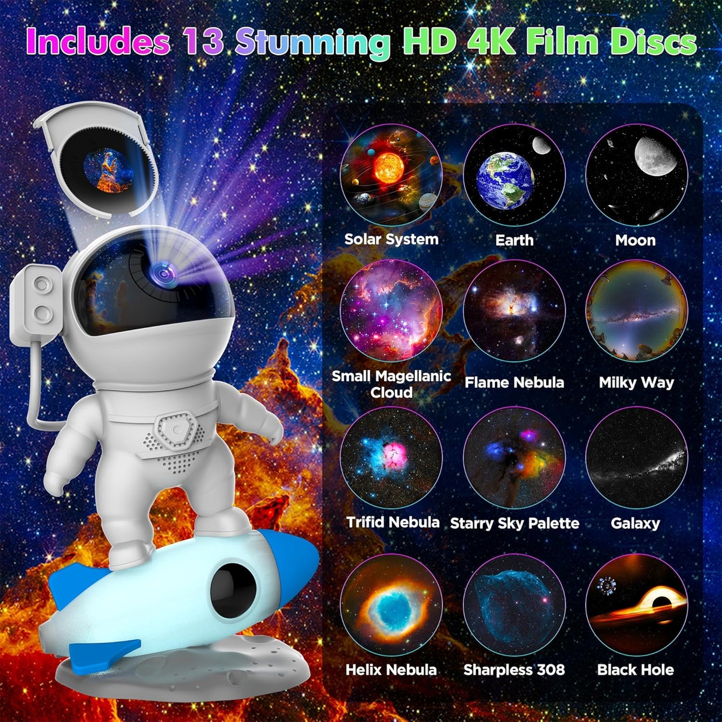 Astronaut Galaxy Projector Light for Bedroom, 12-in-1 HD Nebula Northern Lights Projector with 360° Rotating Projection, Fixed Rocket Night Light with Timer, Gift for Boys Girls Kids