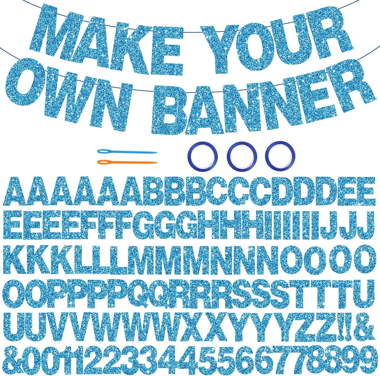 BEISHIDA 116 PCS Glitter Sky Blue DIY Letter Banner Kit Make Your Own Banner，Including 111 Letters and Numbers 3 Rope and 2 Threading Device,Customized for Birthday Graduation Wedding Party Decor