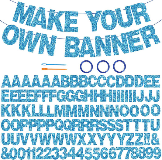 BEISHIDA 116 PCS Glitter Sky Blue DIY Letter Banner Kit Make Your Own Banner，Including 111 Letters and Numbers 3 Rope and 2 Threading Device,Customized for Birthday Graduation Wedding Party Decor