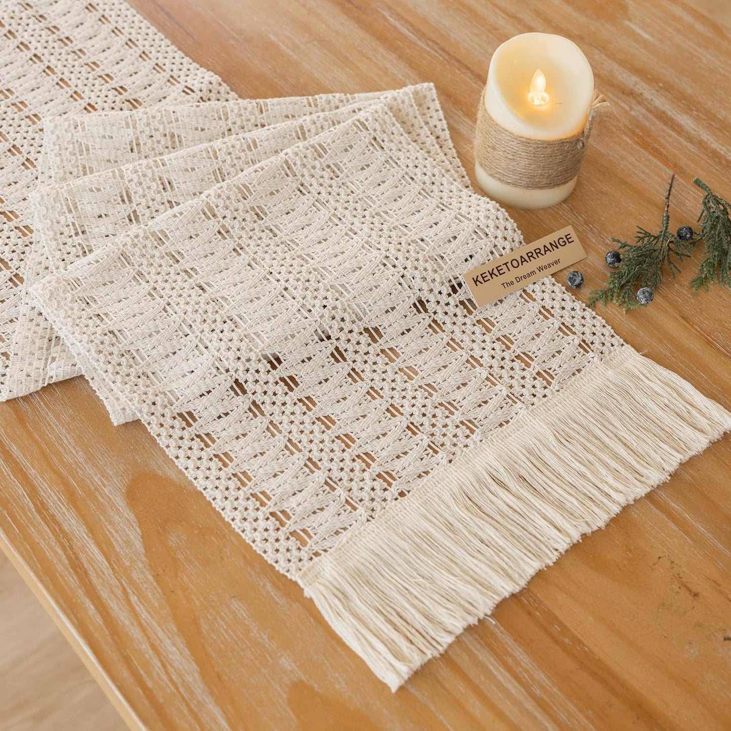 Keketo Boho Table Runner White for Home Décor 12x72 Inches Farmhouse Macrame Burlap Jute Rustic Dining Kitchen Centerpiece Bohemian Decor French Country Bridal Shower Decorations