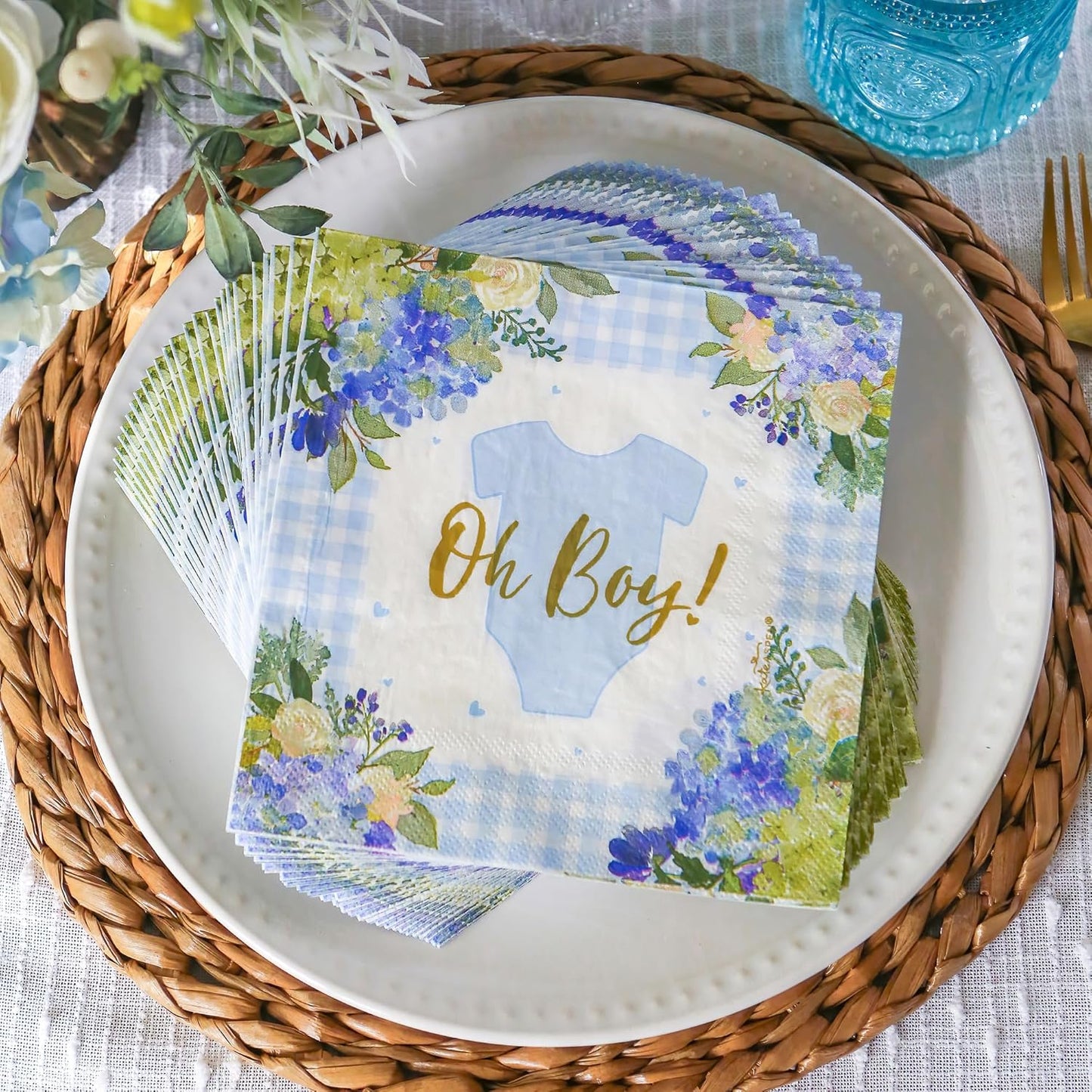 Kate Aspen Baby Shower Onesie Blue Floral & Gingham Tableware Set - 62pc. 16pcs 7 inch & 16pcs 9 inch Heavy Duty Disposable Party Plates, 30pcs 6.5 inch Durable Paper Napkins