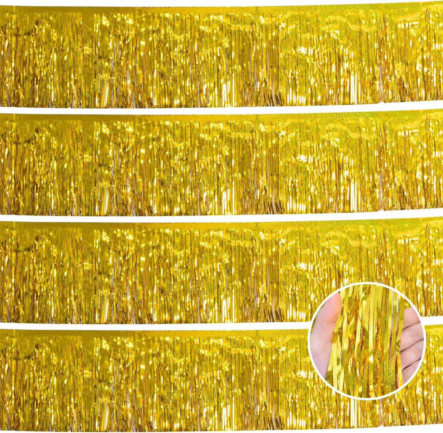 Laser Gold Christmas Decorations Tinsel Garland Parade Float Decorations for Trailer 4Pack 12FT Christmas Party Decor Ceiling Fringe Banner Gold Backdrop for Streamers Party Decorations