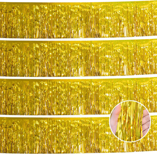 Laser Gold Christmas Decorations Tinsel Garland Parade Float Decorations for Trailer 4Pack 12FT Christmas Party Decor Ceiling Fringe Banner Gold Backdrop for Streamers Party Decorations