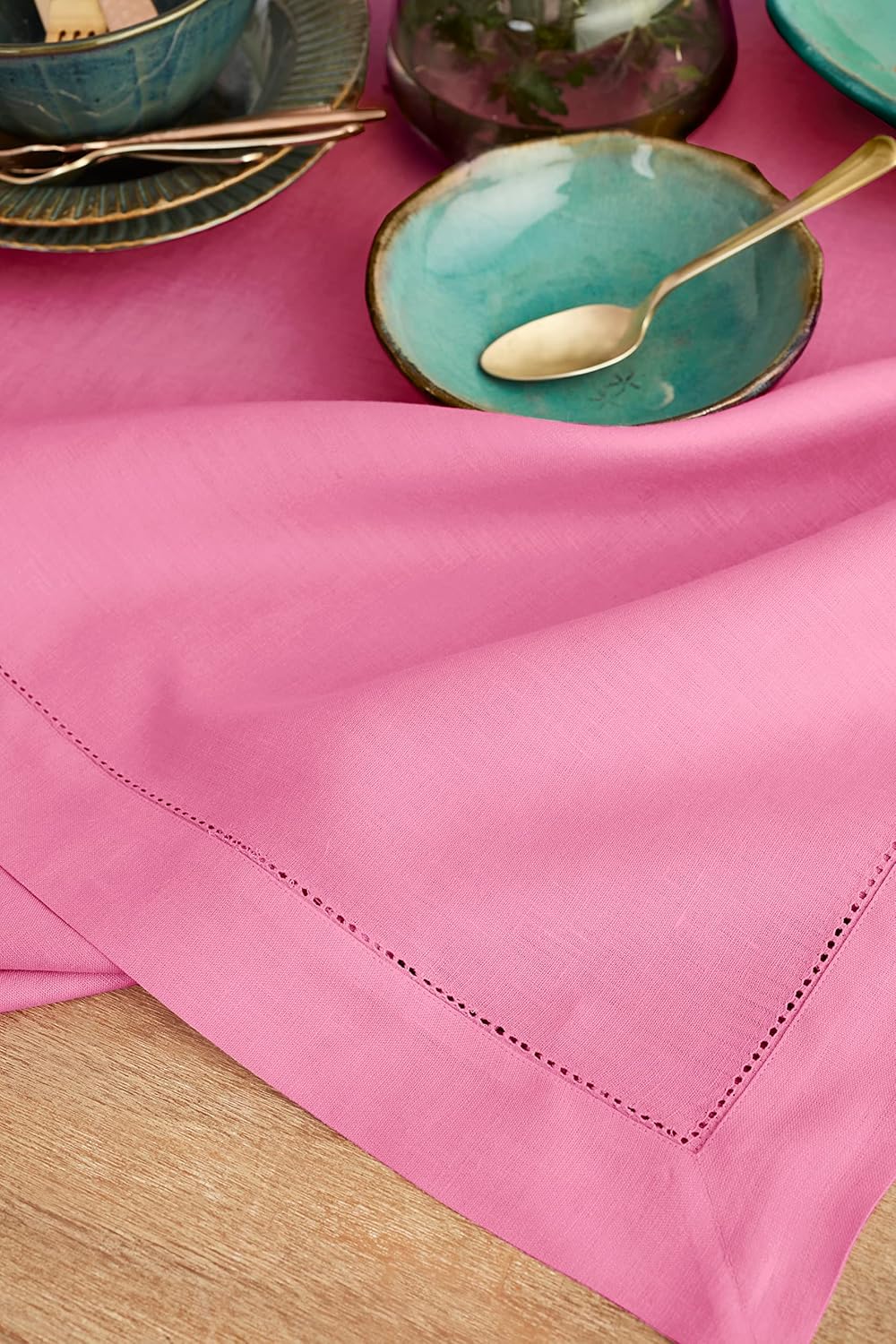 Solino Home Linen Tablecloth for Rectangle Tables 60 x 108 Inch - Classic Hemstitch 100% Pure Linen Flamingo Pink Table Cloth - Machine Washable Cloth Tablecloth for Halloween