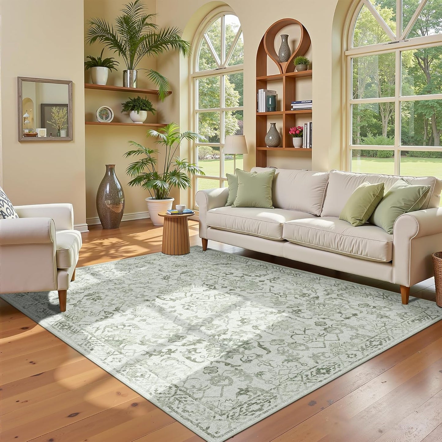 Sage Vintage Area Rug 4x6 for Living Room Bedroom, Washable Distressed Farmhouse Soft Thin Non-Shedding Indoor Throw Rug, Traditional Accent Carpet for Bedroom Office