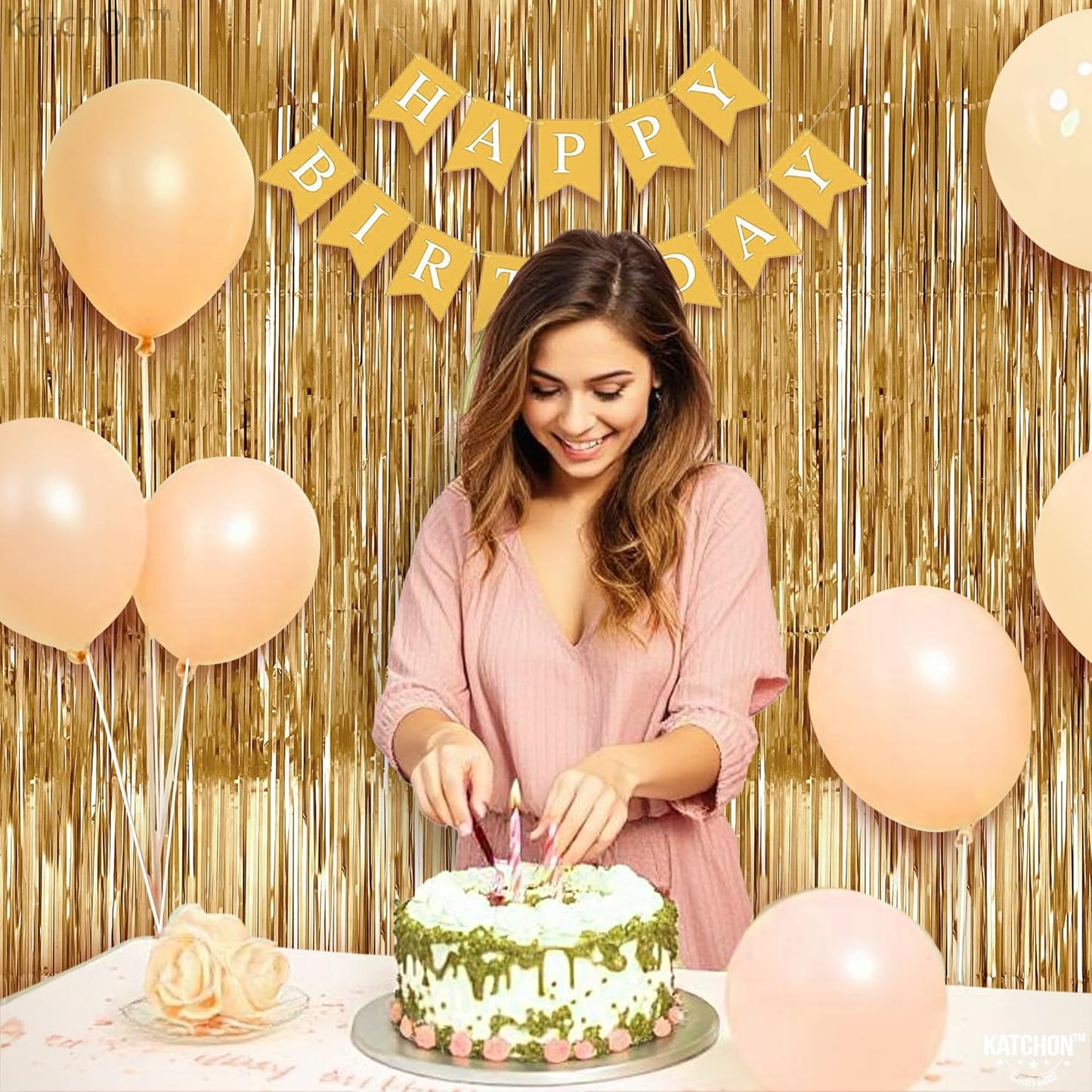 Katchon, Champagne Gold Backdrop Curtain - Pack of 2 | Gold Streamers for Birthday, Anniversary, Bridal Shower, Bachelorette Party Decor | Shimmer Curtains for Thanksgiving, Happy New Year Decorations