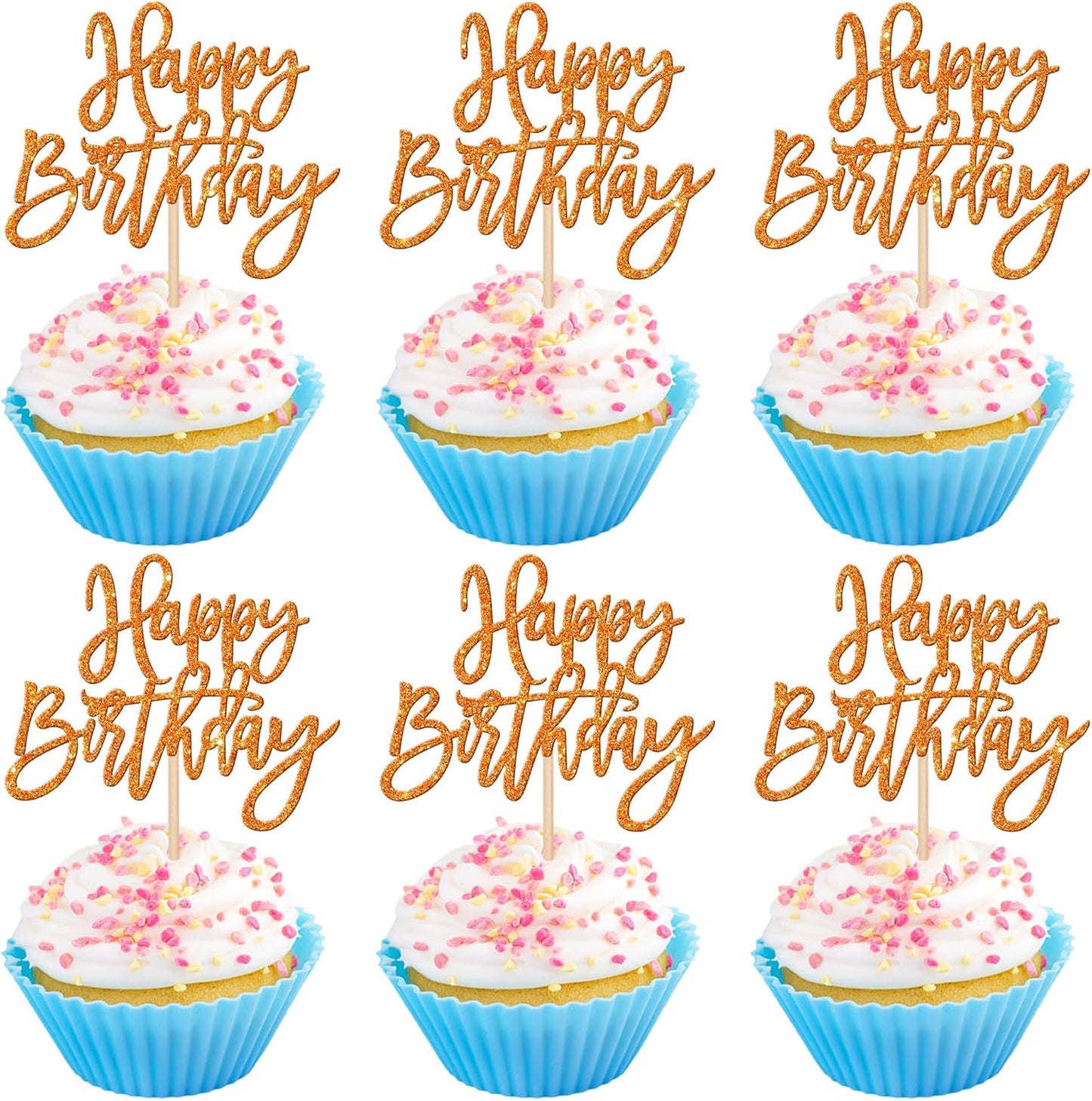 24 PCS Glitter Cupcake Toppers - Happy Birthday & Anniversary Picks - Orange