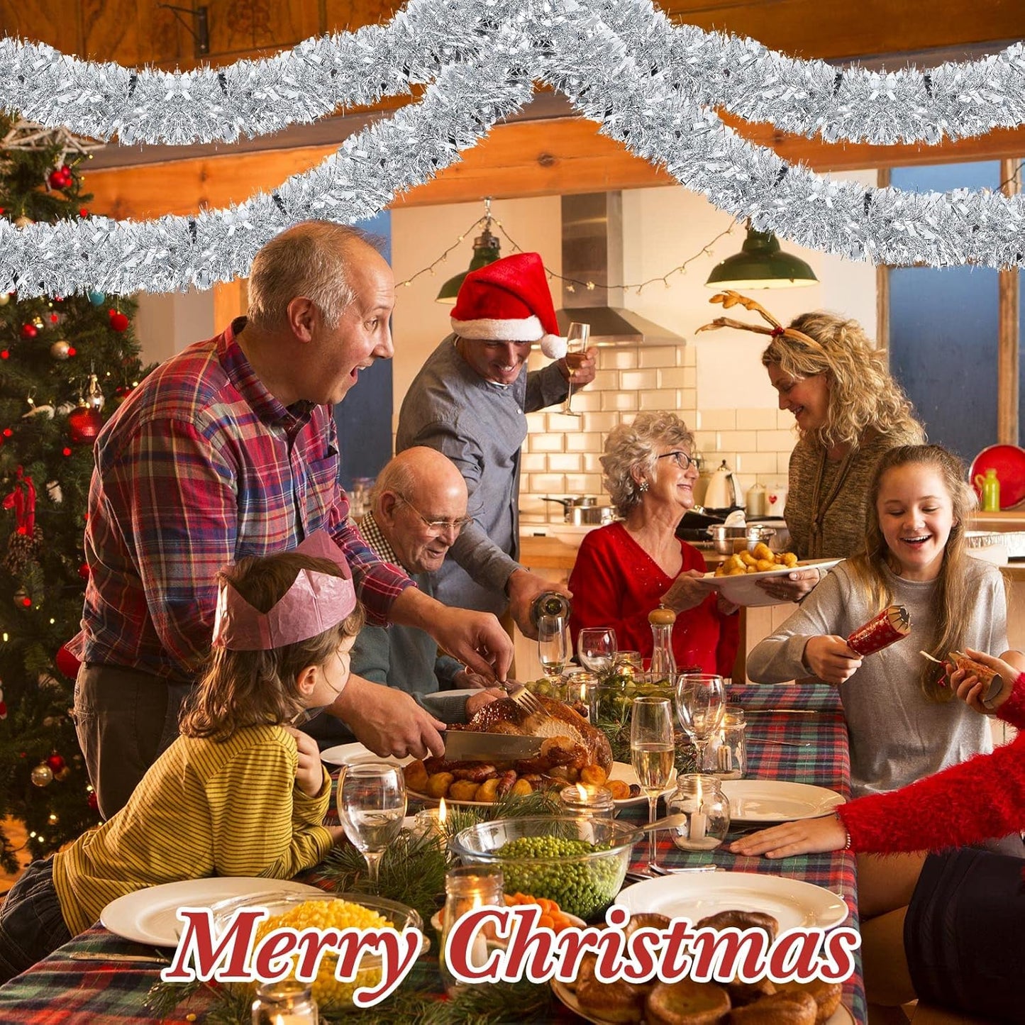 72 Feet Christmas Tinsel Garland Shiny Metallic Tinsel Twist Garland Streamers Ornaments Long Glitter Christmas Tree Hanging Decorations for Party Holiday Wedding Birthday Tree Wall Rail (Silver)