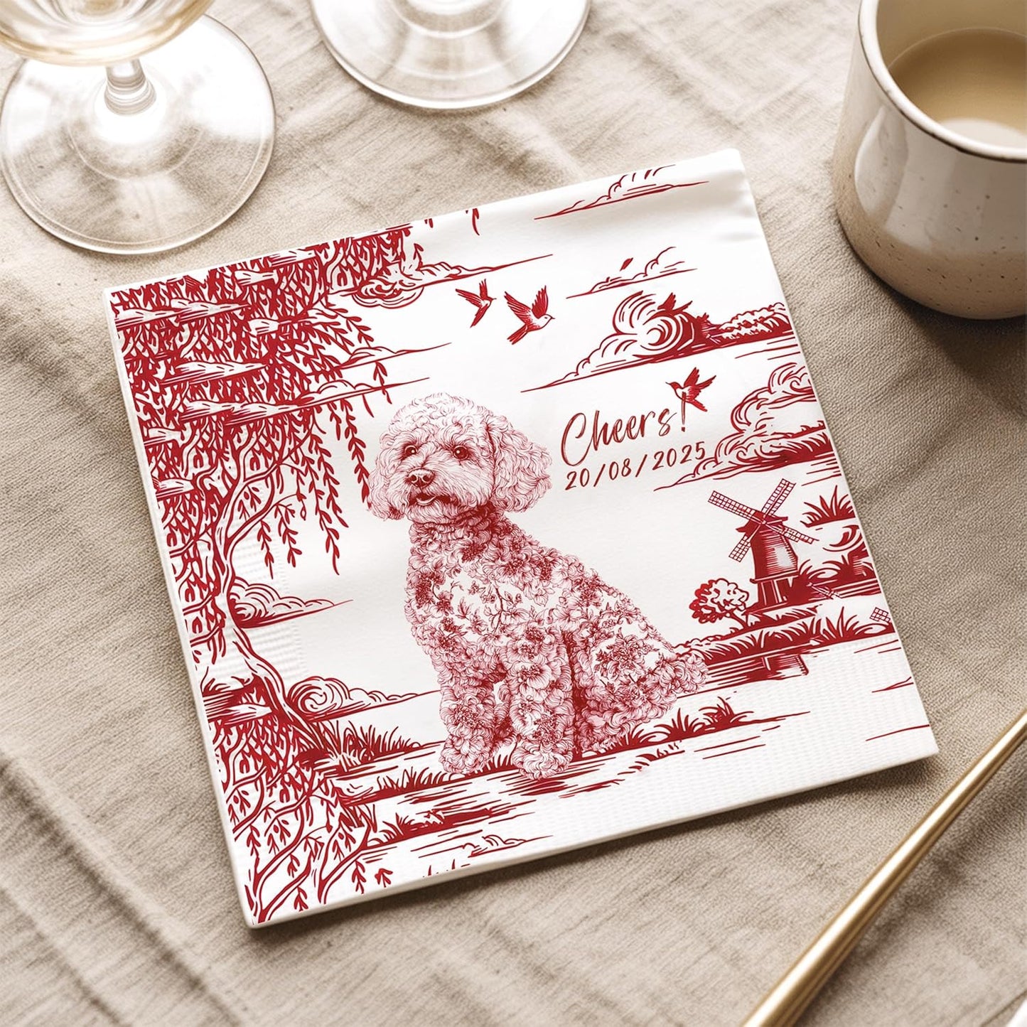 Luxury Personalized Dog Wedding Napkins, Custom Wedding Cocktail Napkins, Blue Floral Cocktail Napkin, Personalized Paper Napkin for Birthday, Engagement Party, Bridal Shower