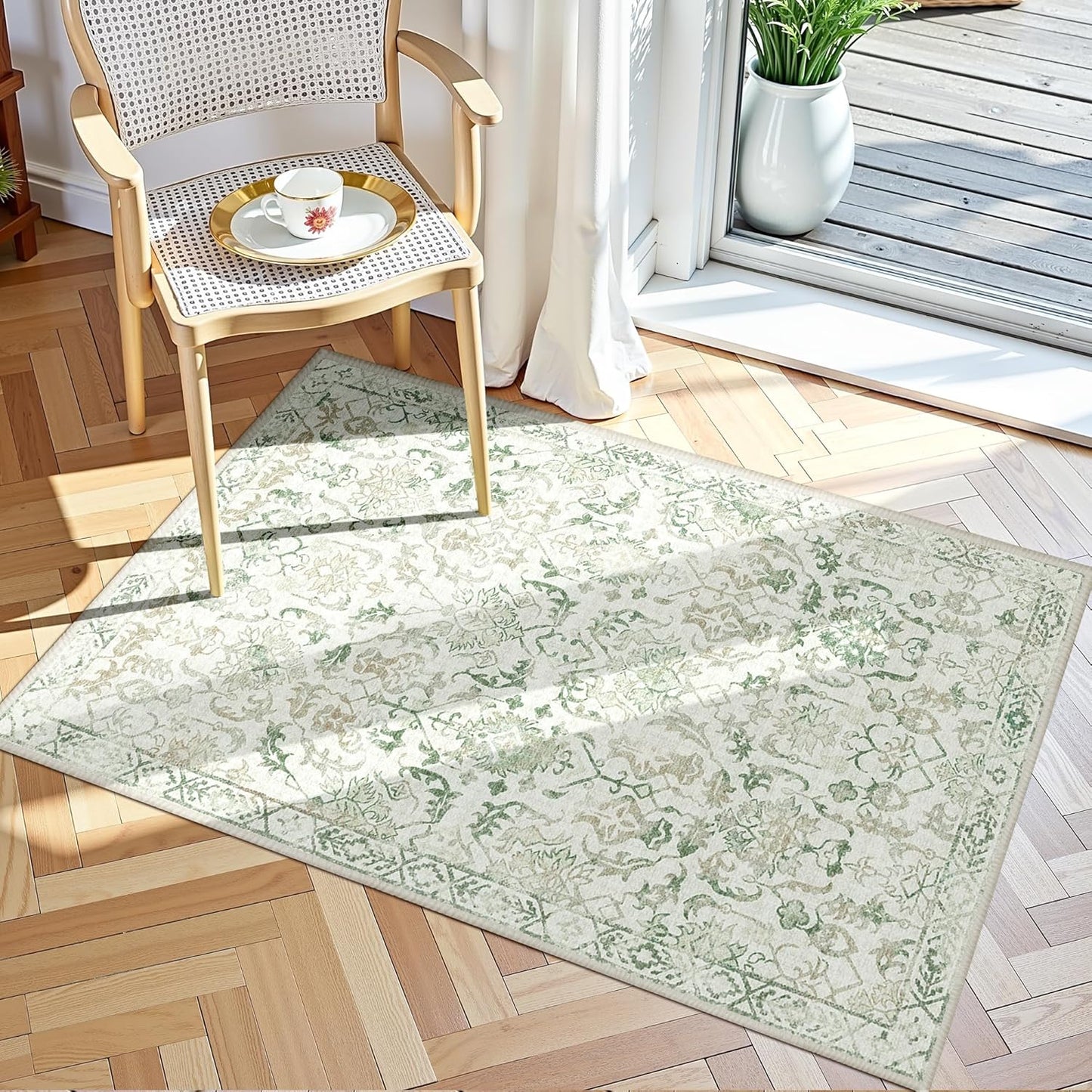 Green Small Area Rug 2x3 Throw Rug for Entryway Bathroom Kitchen, Non-Slip Low-Pile Washable Distressed Modern Boho Floor Carpet for Laundry Room, Indoor Washstand Vanity Front Mat 24x36 Inch