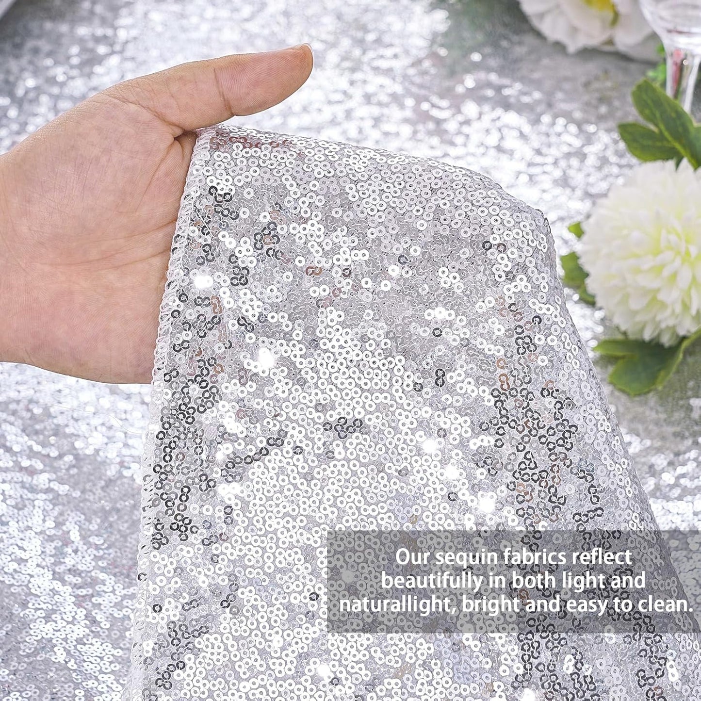 QueenDream Sequin Tablecloth Silver Rectangle Table Cloth - 50x80 Inch Glitter Fabric Overlay for Birthday Wedding Party