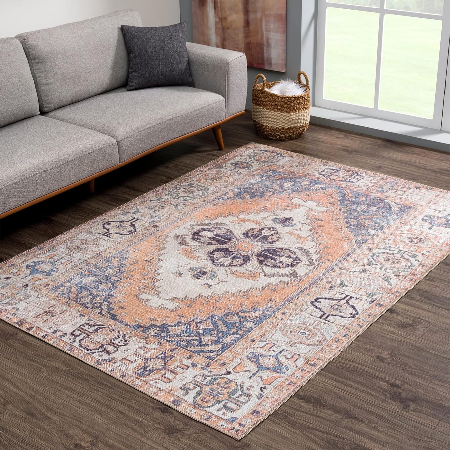 Bloom Rugs Washable 8' x 10' Rug - Orange/Blue/Beige Traditional Area Rug for Living Room, Bedroom, Dining Room, and Kitchen - Exact Size: 8' x 10'