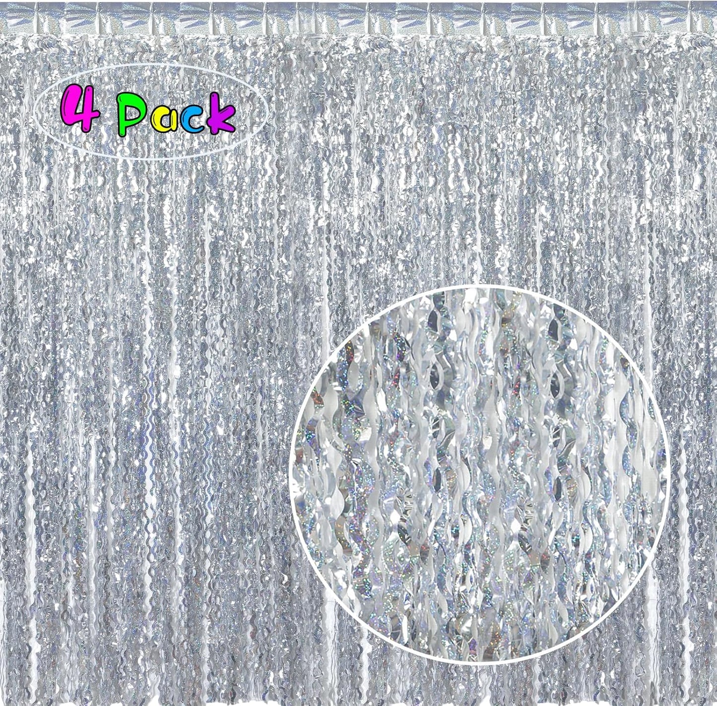 4 Pack 3.3 ft x 6.6 ft Silver Metallic Tinsel Foil Fringe Curtains - Door Streamers for Photo Booth Christmas Day Thanksgiving Wedding New Year Party Decorations