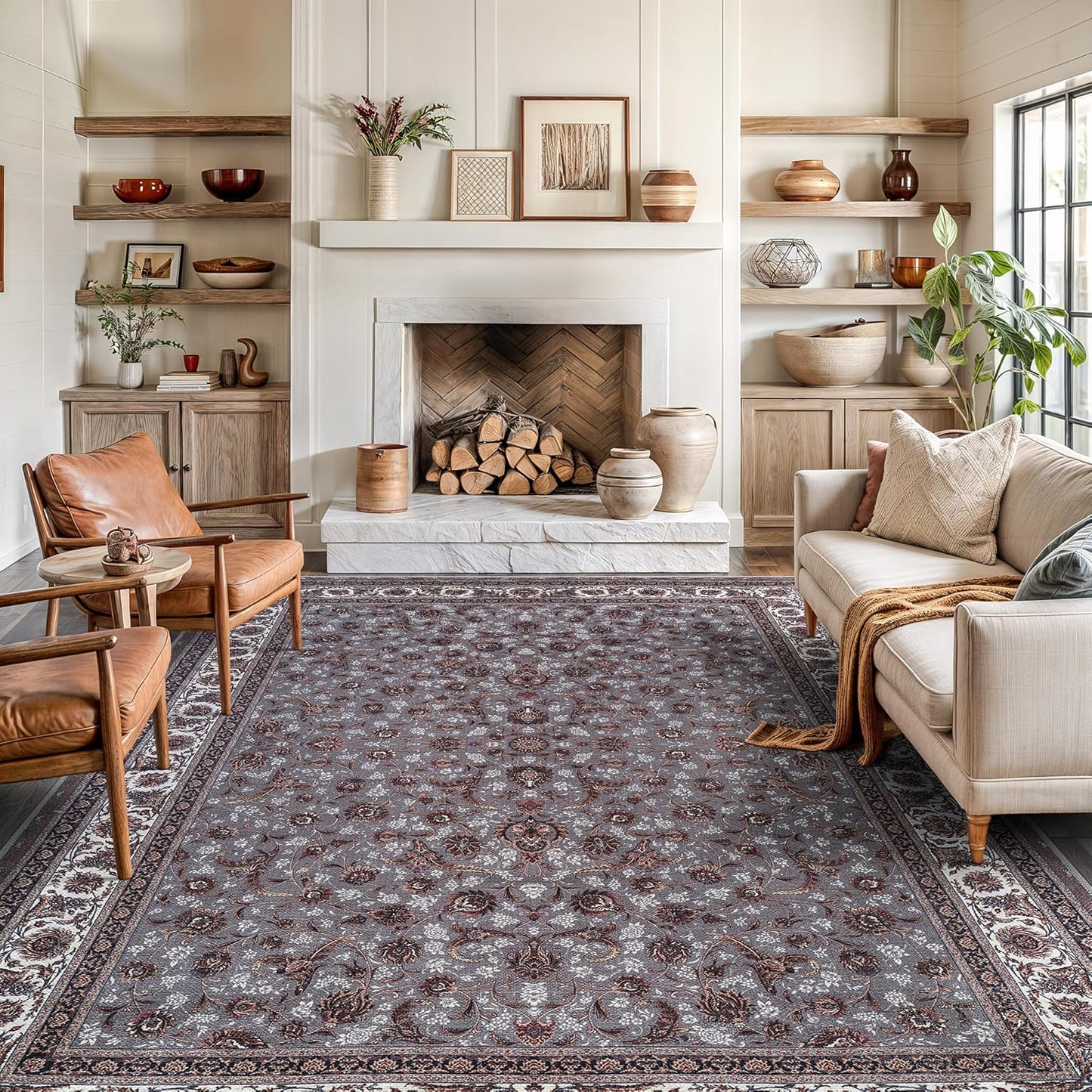 Bloom Rugs Washable Non-Slip 9' x 12' Rug - Slate Gray Traditional Oriental Area Rug for Living Room, Bedroom, Dining Room, and Kitchen - Exact Size: 9' x 12'