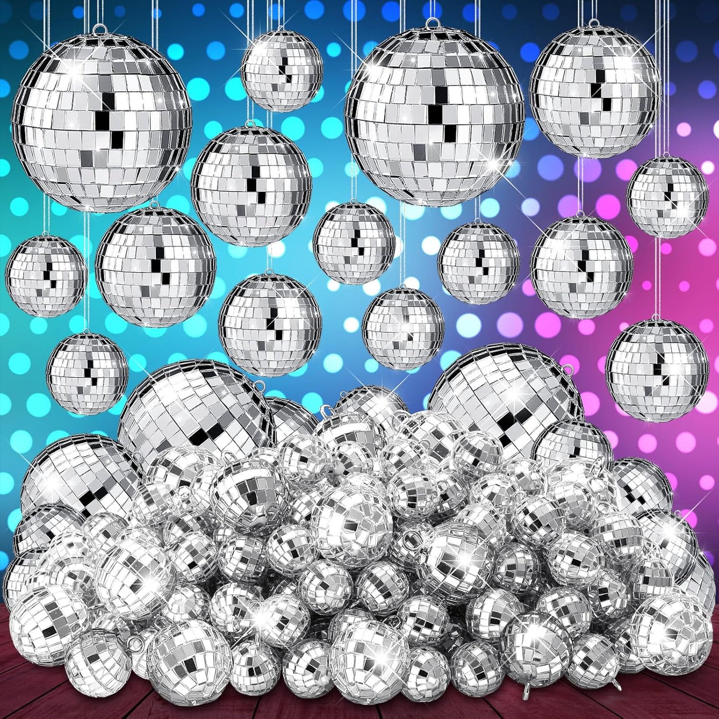 Funtery 100 Pcs Mirror Disco Balls Bulk Assorted Silver Hanging Disco Ball Decor for Home Wedding Birthday Dance Music 70 S Theme Party Christmas Tree Ornaments(1.2'',1.6'',2'',2.4'',4'')