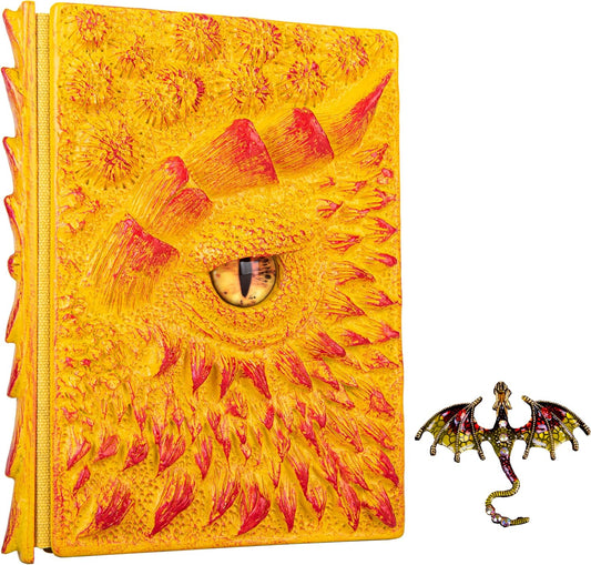3D Dragon Eye Embossed Journal,Resin Engraving Notebook,Dnd notebook for Dragon Lovers ，Blank Paper,Hardcover Travel Notepad for Writing,Sketchbook,Collection,Gift,Decoration A4 and A5 Size (A5-Yellow with brooch)