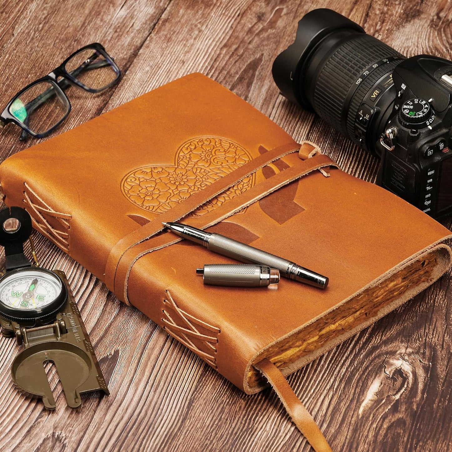 LUXEORIA Heart Journal for Women and Men, Handcrafted Leather Journal for Writing Womens, Leather Sketchbook, Travel Diary with Unlined Deckle Paper, Camel Brown 7x10